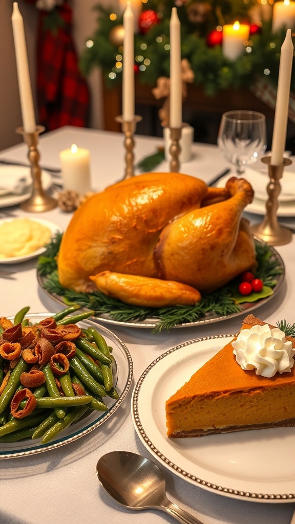 A festive Christmas dinner table with roasted turkey, mashed potatoes, green bean casserole, and pumpkin pie.
